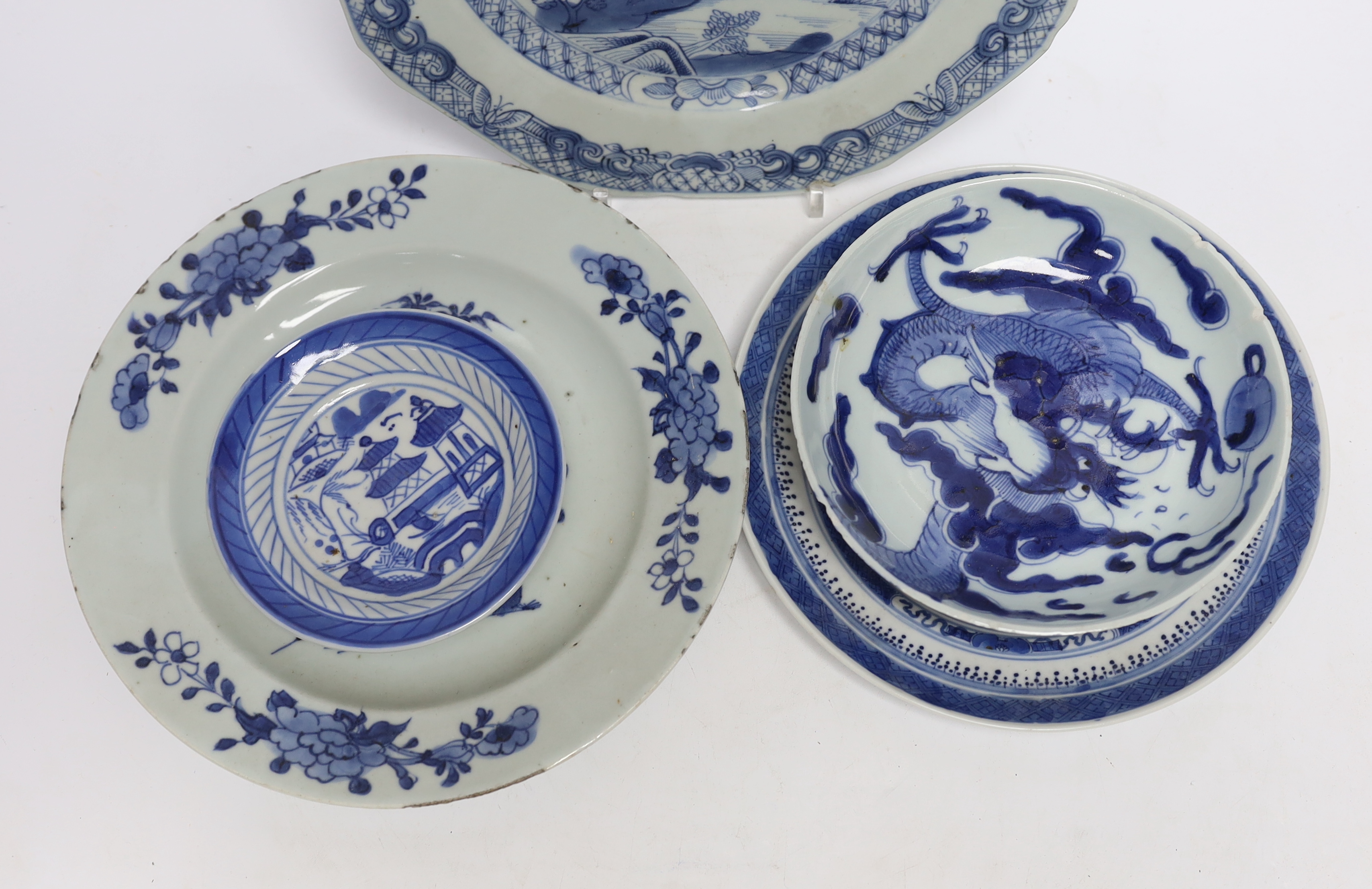 Two Chinese blue and white export plates and four other Chinese plates, largest 23cm in diameter